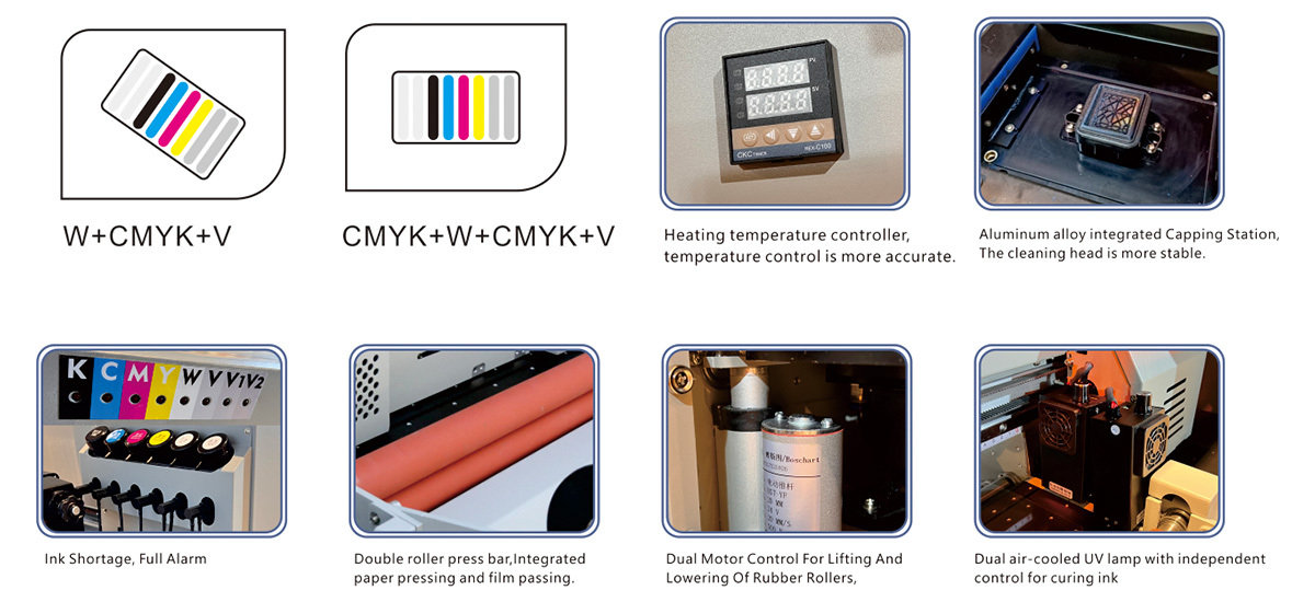Letop LT-300C features: W+CMYK+V and CMYK+W+CMYK+V set-ups, heating controller, capping station, press rollers and dual UV lamps