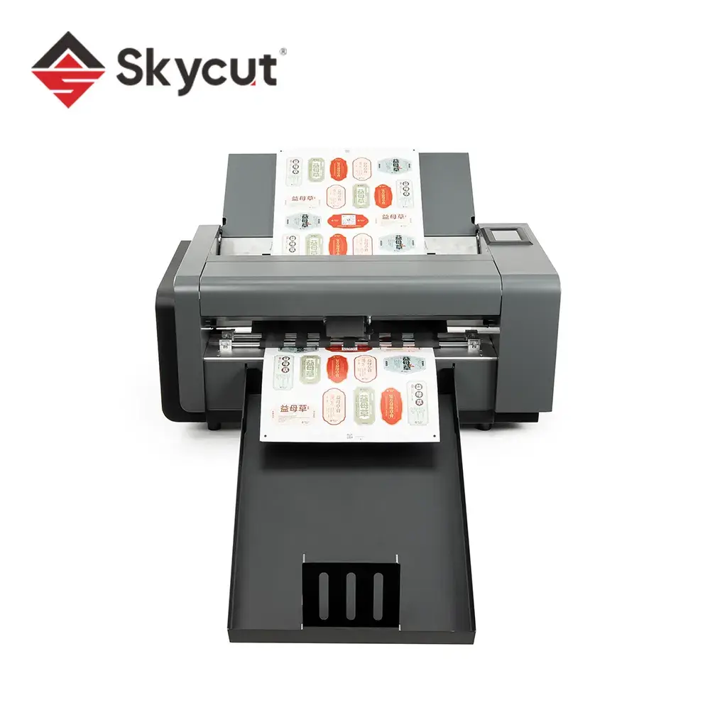 Skycut A3MAX7 automatic sticker die cutter, front view with sheet tray