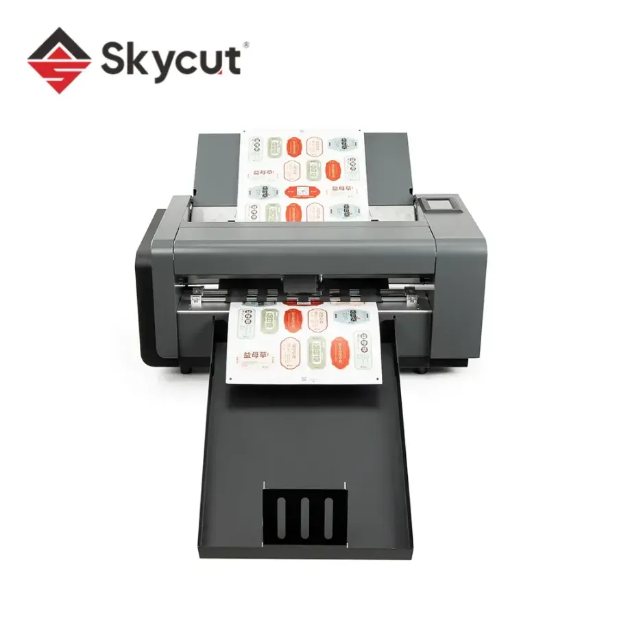 Skycut A3MAX7 automatic sticker die cutter, front view with sheet tray