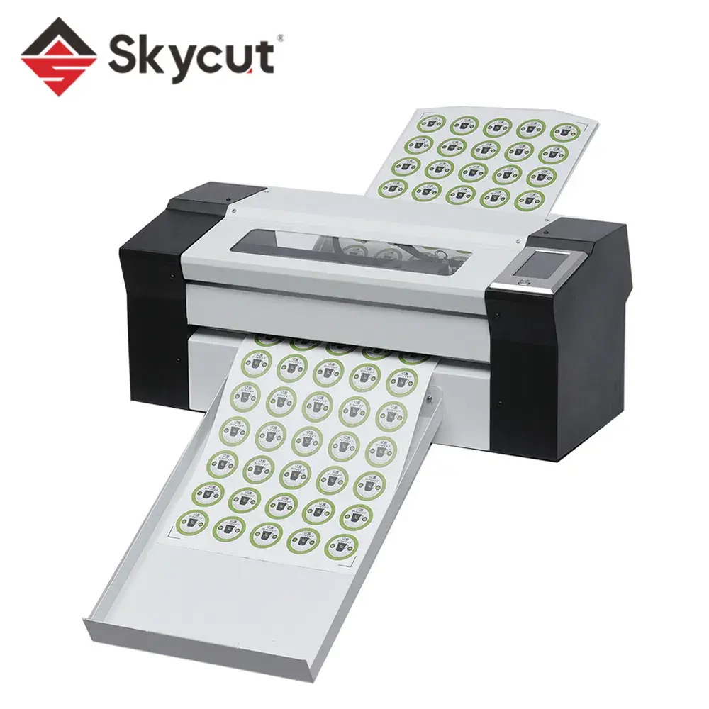 Skycut A3MAX2 automatic sticker die cutter with sheet tray, angled view