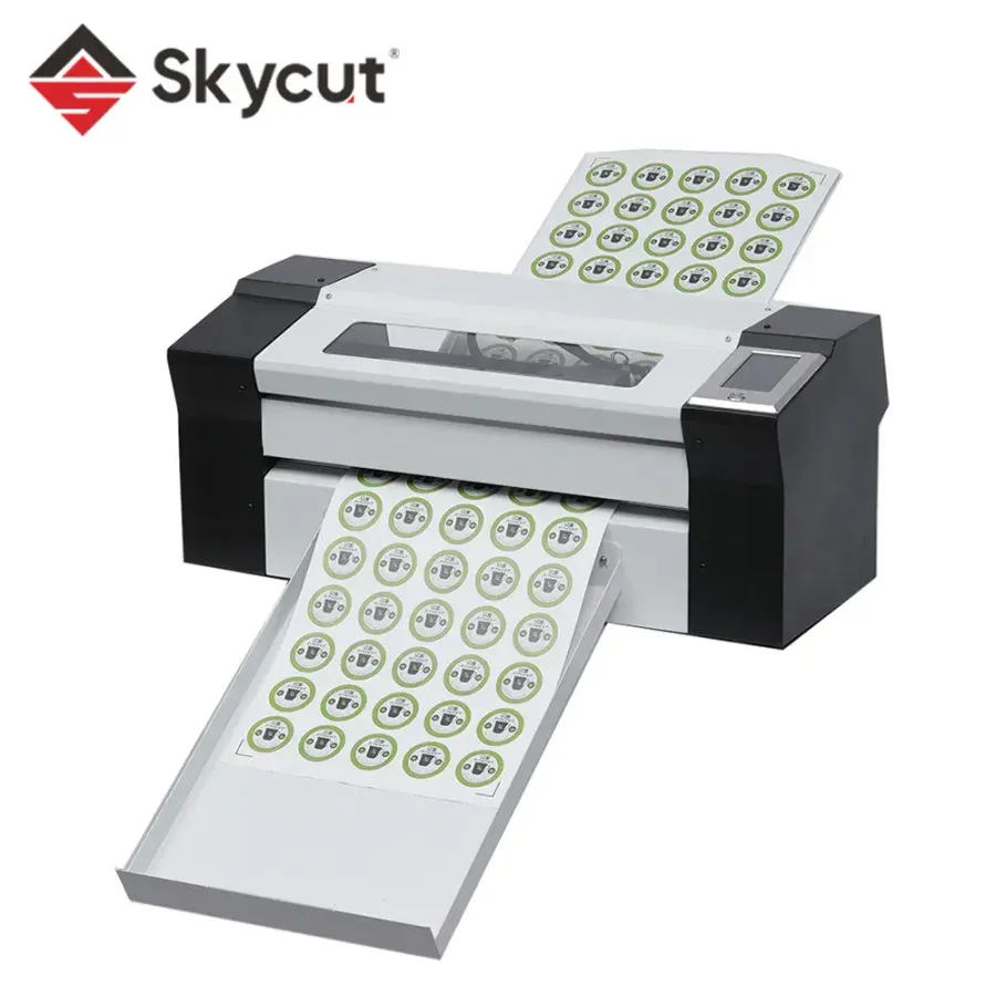 Skycut A3MAX2 automatic sticker die cutter with sheet tray, angled view