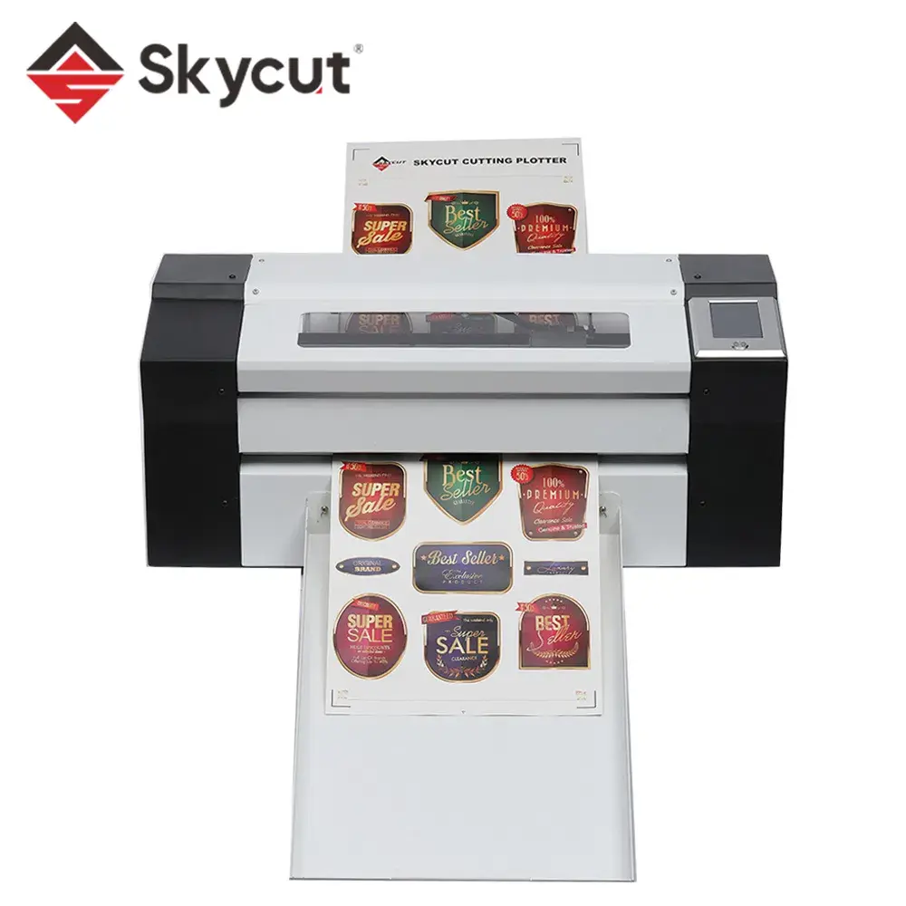 Skycut A3MAX2 sheet-fed die cutter cutting printed label sheets, front view