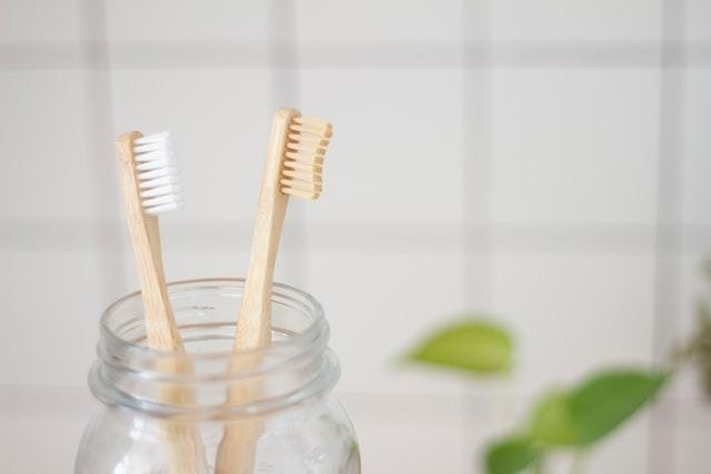 Toothbrushes in a jar 
Description automatically generated