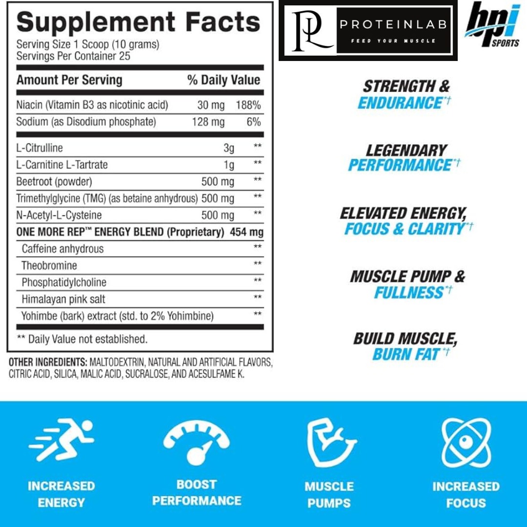 BPI One More Rep Pre-Workout is the best pre-workout that helps enhance your energy and focus and also promotes strength. Get yours now at affordable prices at Proteinlab Malaysia Facts