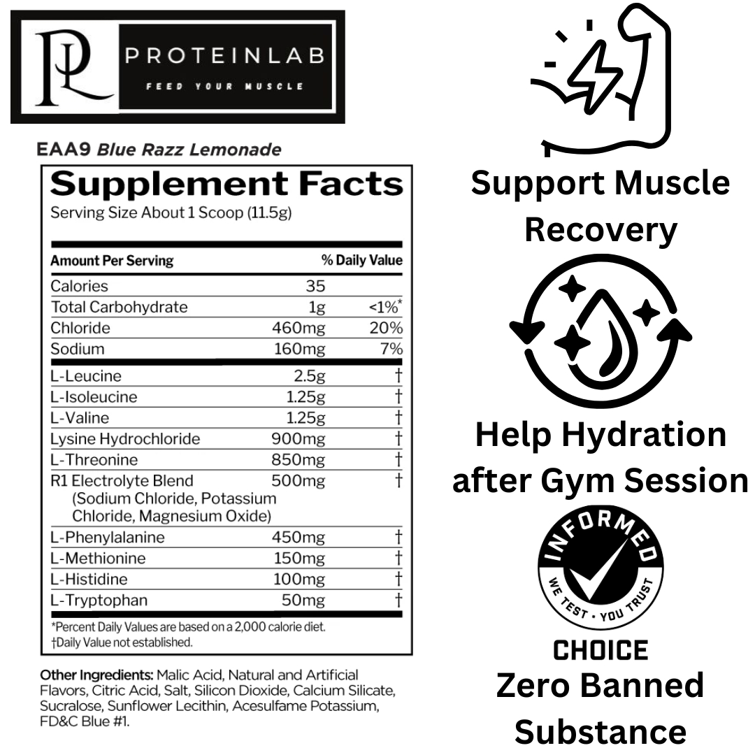 RULE 1 ESSENTIAL AMINO 9 (BLUE RAZZ LEMONADE) (345G) (30 SERVINGS) SUPPLEMENT FACTS