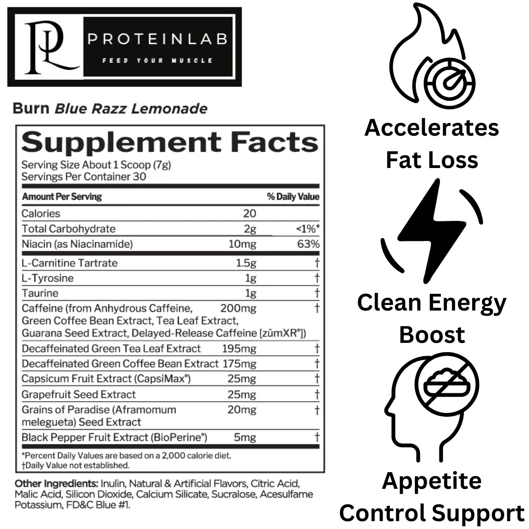 RULE 1 BURN (BLUE RAZZ LEMONADE) (30 SERVINGS) SUPPLEMENT FACTS