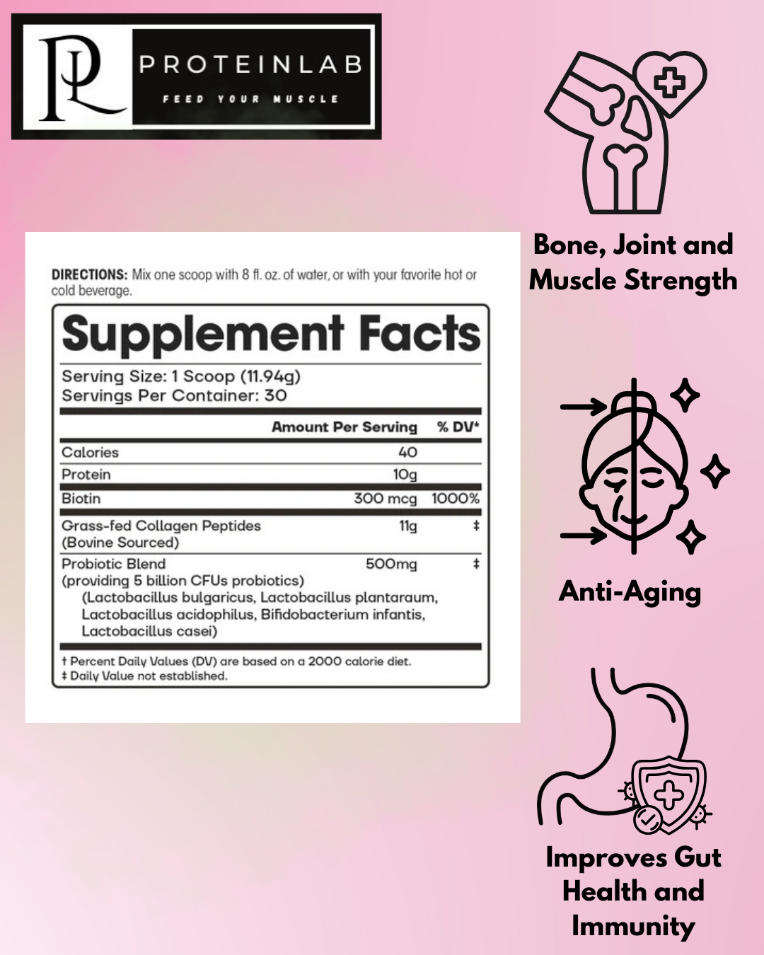 Nutritional Info Fit & Lean Collagen + Probiotics Body & Beauty Blend (Unflavored)  (30 Servings)