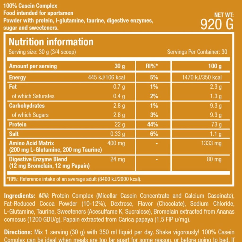 Scitec Nutrition 100% Casein Complex Nutrition Facts