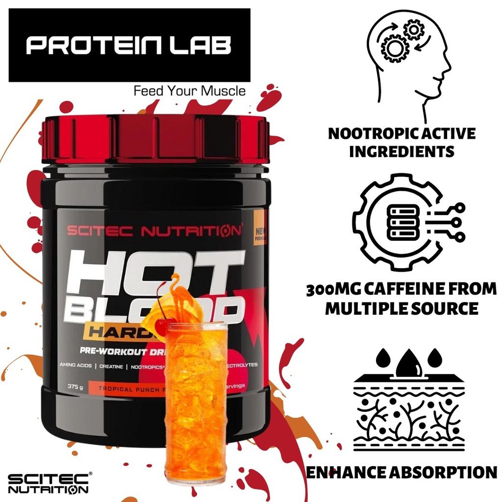 Scitec Nutrition Hot Blood Hardcore Tropical Punch Flavor is the most delicious fruity flavored Pre-Workout Available in Malaysia only at Proteinlab Malaysia