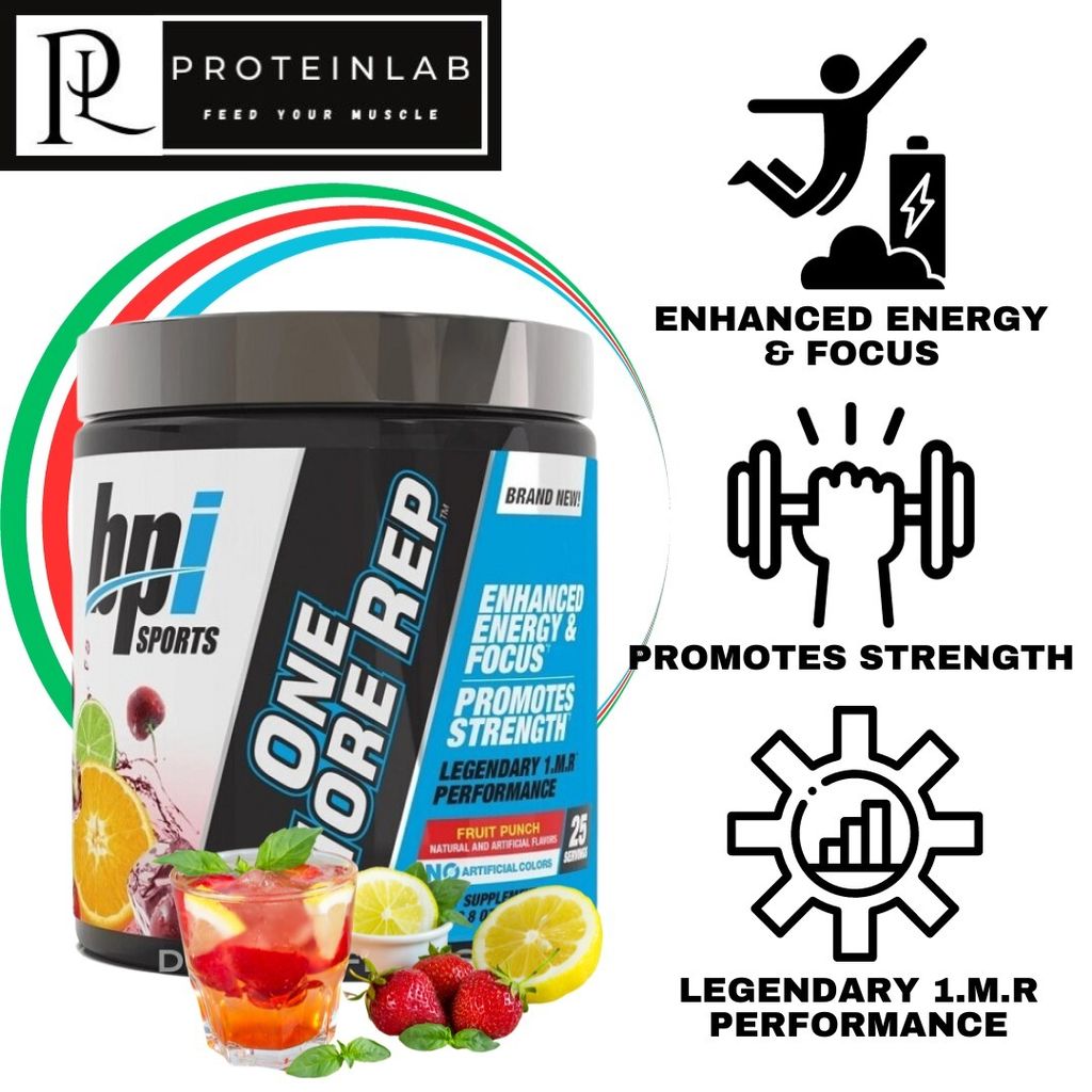 BPI One More Rep Fruit Punch is the best pre-workout that helps enhance your energy and focus and also promotes strength. Get yours now at affordable prices at Proteinlab Malaysia