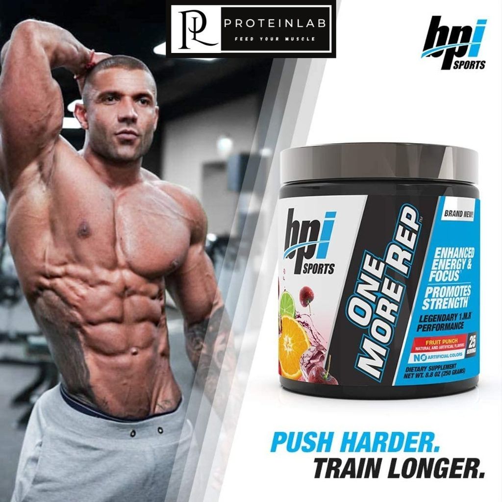 BPI One More Rep Pre-Workout is the best pre-workout that helps enhance your energy and focus and also promotes strength. Get yours now at affordable prices at Proteinlab Malaysia Poster