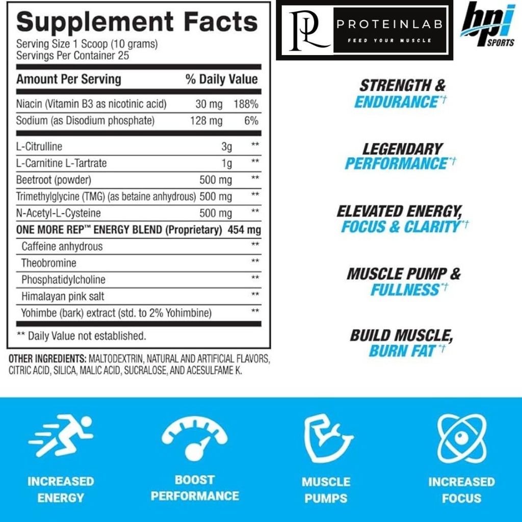 BPI One More Rep Pre-Workout is the best pre-workout that helps enhance your energy and focus and also promotes strength. Get yours now at affordable prices at Proteinlab Malaysia Facts