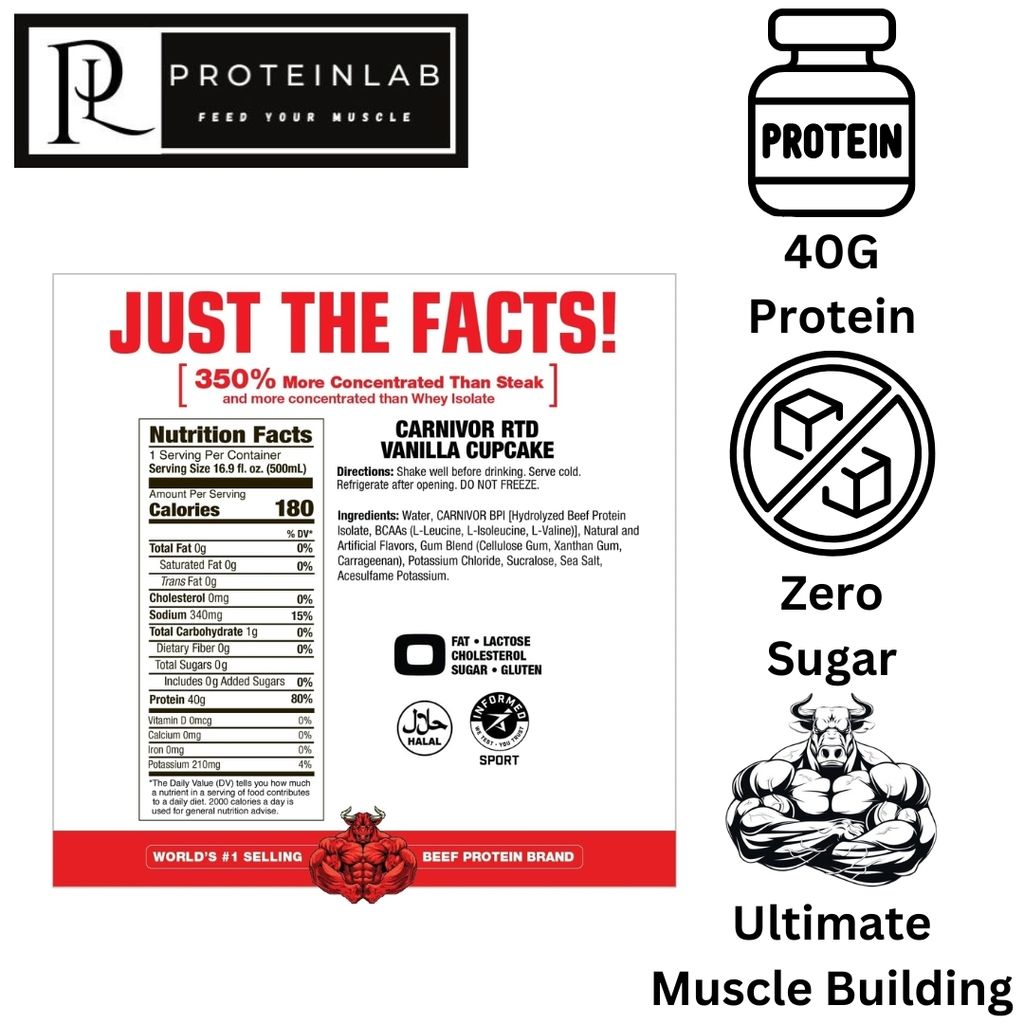 MUSCLEMEDS BEEF PROTEIN ISOLATE CARNIVOR SHAKE (500ML) SUPPLEMENT FACTS (VANILLA CUPCAKE)
