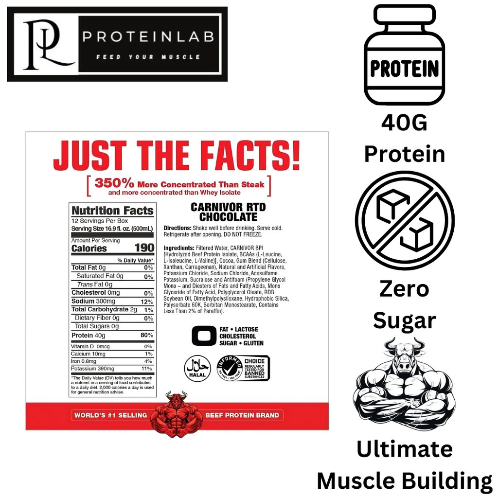 MUSCLEMEDS BEEF PROTEIN ISOLATE CARNIVOR SHAKE (500ML) SUPPLEMENT FACTS (CHOCOLATE)