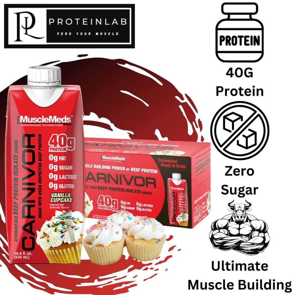 MUSCLEMEDS BEEF PROTEIN ISOLATE CARNIVOR SHAKE (500ML) (PACK OF 12) (VANILLA CUPCAKE)