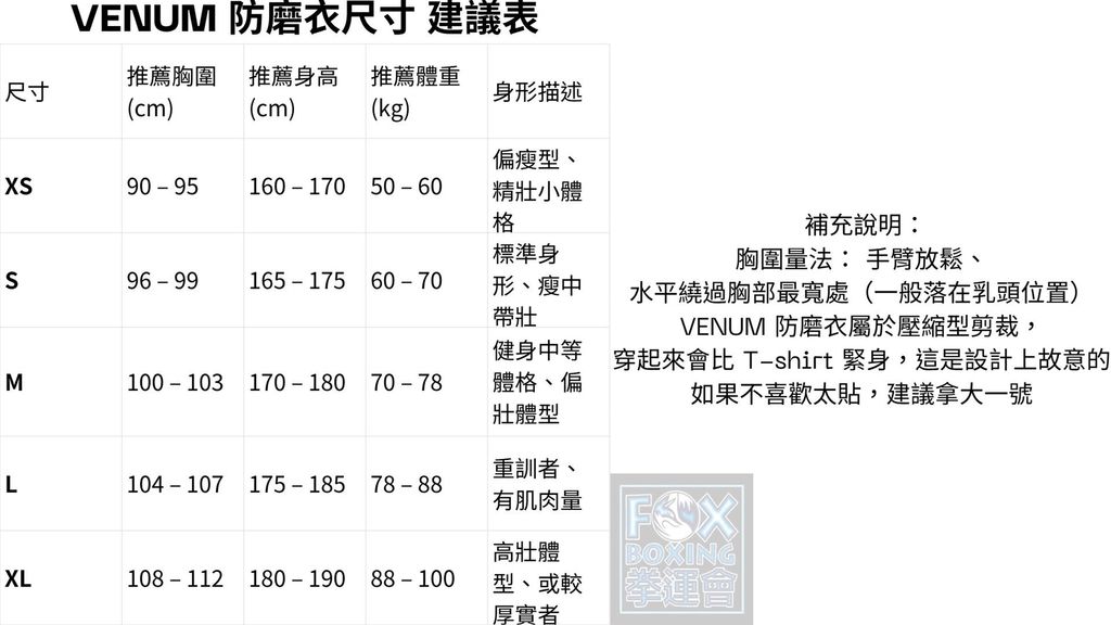 VENUM防磨衣建議表
