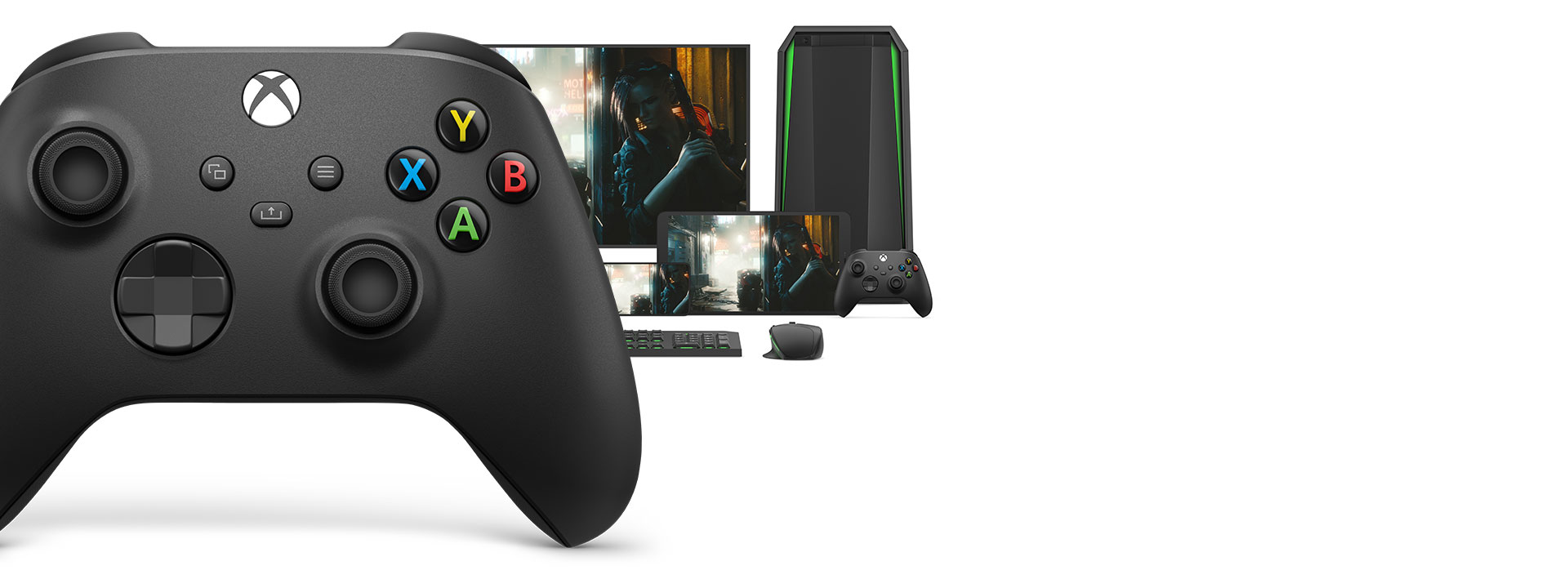 Xbox wireless controller with a computer, TV, and an Xbox Series S