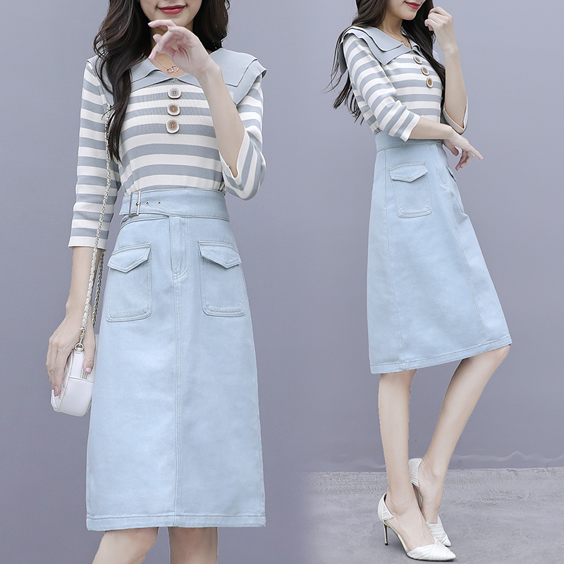 denim skirt and striped top