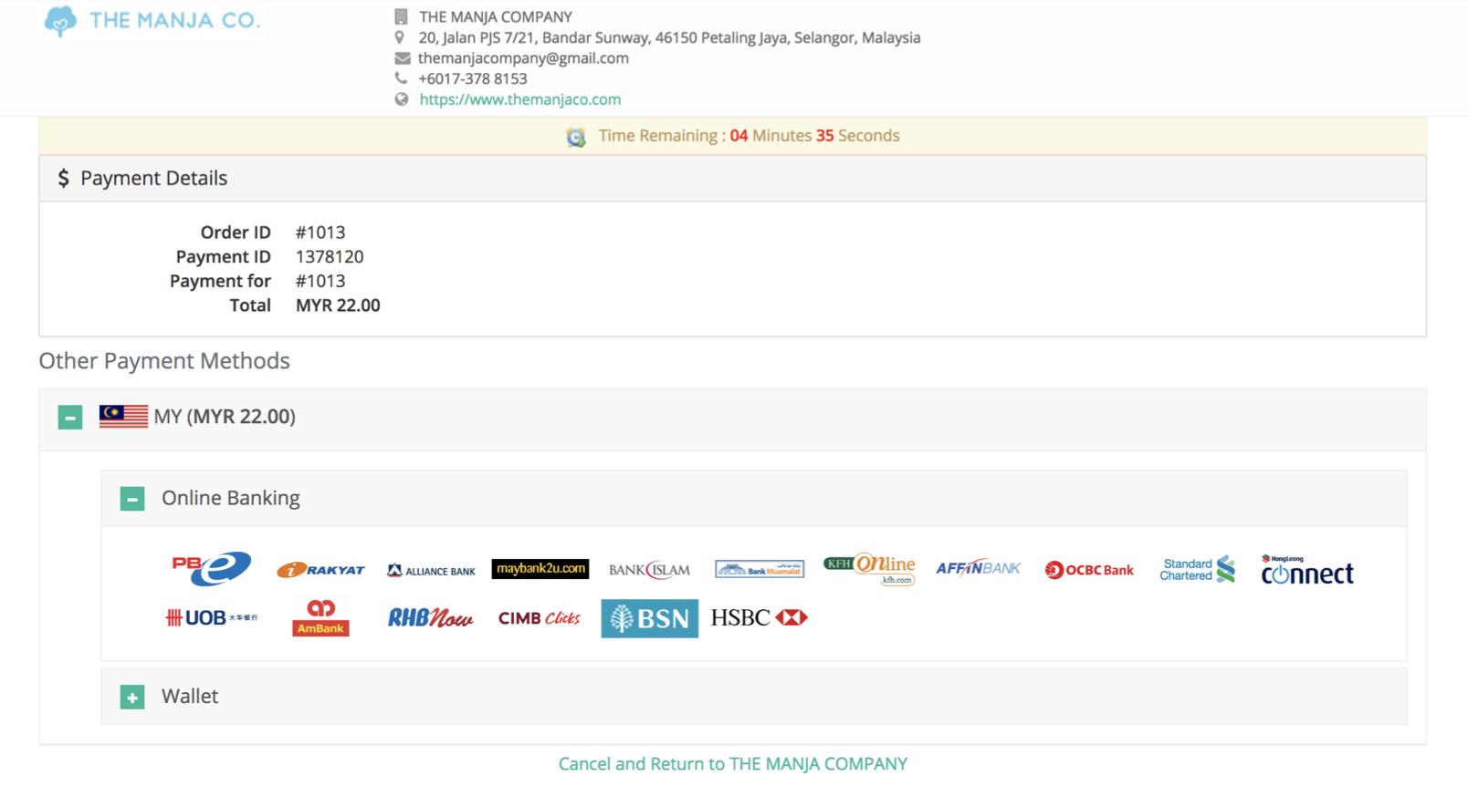 The Manja Company website’s pick up order guide. Step 5 in the ordering process. Screenshot shows the options available on eGHL's secure payment page if "Online Banking & E-Wallet via eGHL" was selected as the payment method. All of the participating banks and e-wallets available are shown. "Nappies by The Manja Company" is the hot new baby diapers brand in Malaysia.