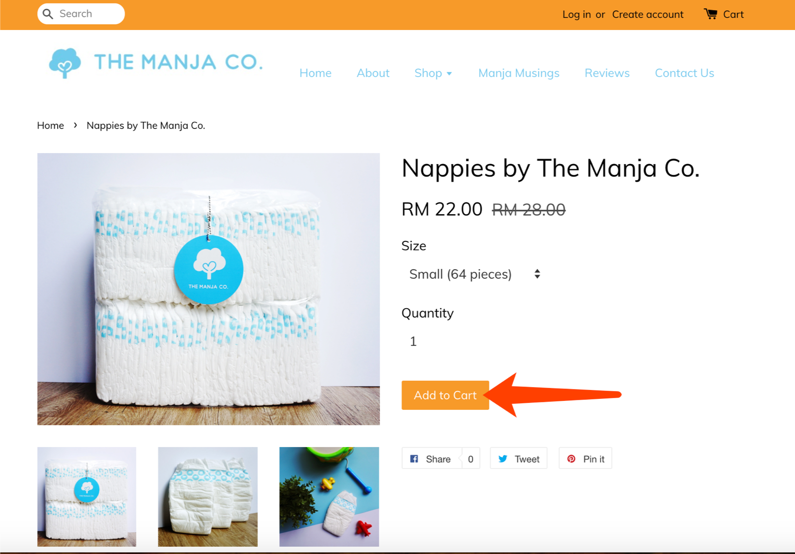 The Manja Company website’s pick up order guide. Step 2 in the ordering process. Screenshot shows how to go to the Shop page and add your desired item to Cart. "Nappies by The Manja Company" is the hot new baby diapers brand in Malaysia.