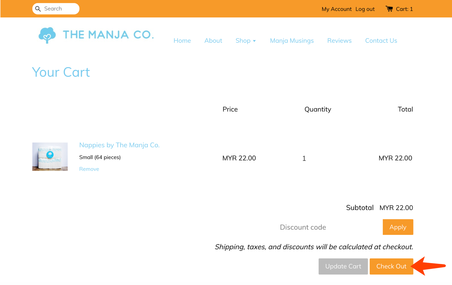 The Manja Company website’s pick up order guide. Step 3 in the ordering process. Screenshot shows how to go to the Cart page and check out the order. "Nappies by The Manja Company" is the hot new baby diapers brand in Malaysia.