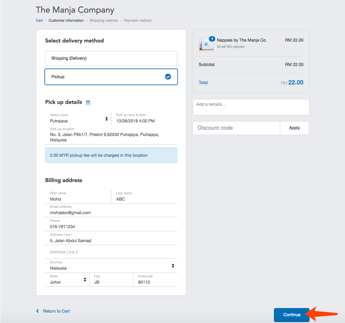 The Manja Company website’s pick up order guide. Step 4 in the ordering process. Screenshot shows how to Enter Pick Up Details and Billing Address. Make sure to select "Pick Up" as the delivery method. The Shipping (Delivery) option has been disabled on this website. "Nappies by The Manja Company" is the hot new baby diapers brand in Malaysia.
