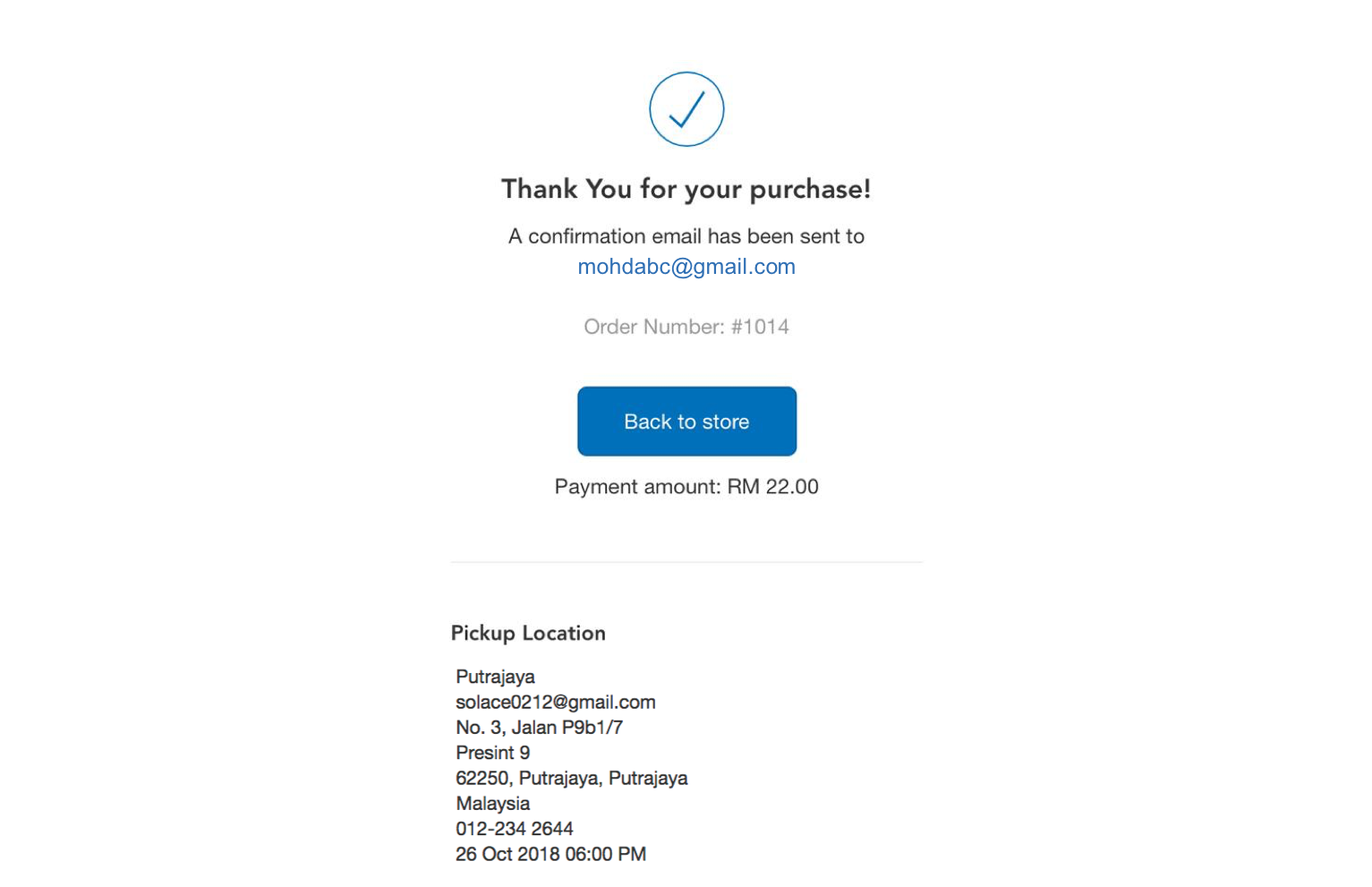 The Manja Company website’s pick up order guide. Step 6 in the ordering process. Screenshot shows the final order success confirmation page (contains the email address that the confirmation email was sent to, the order number, payment amount, pick up location). "Nappies by The Manja Company" is the hot new baby diapers brand in Malaysia.