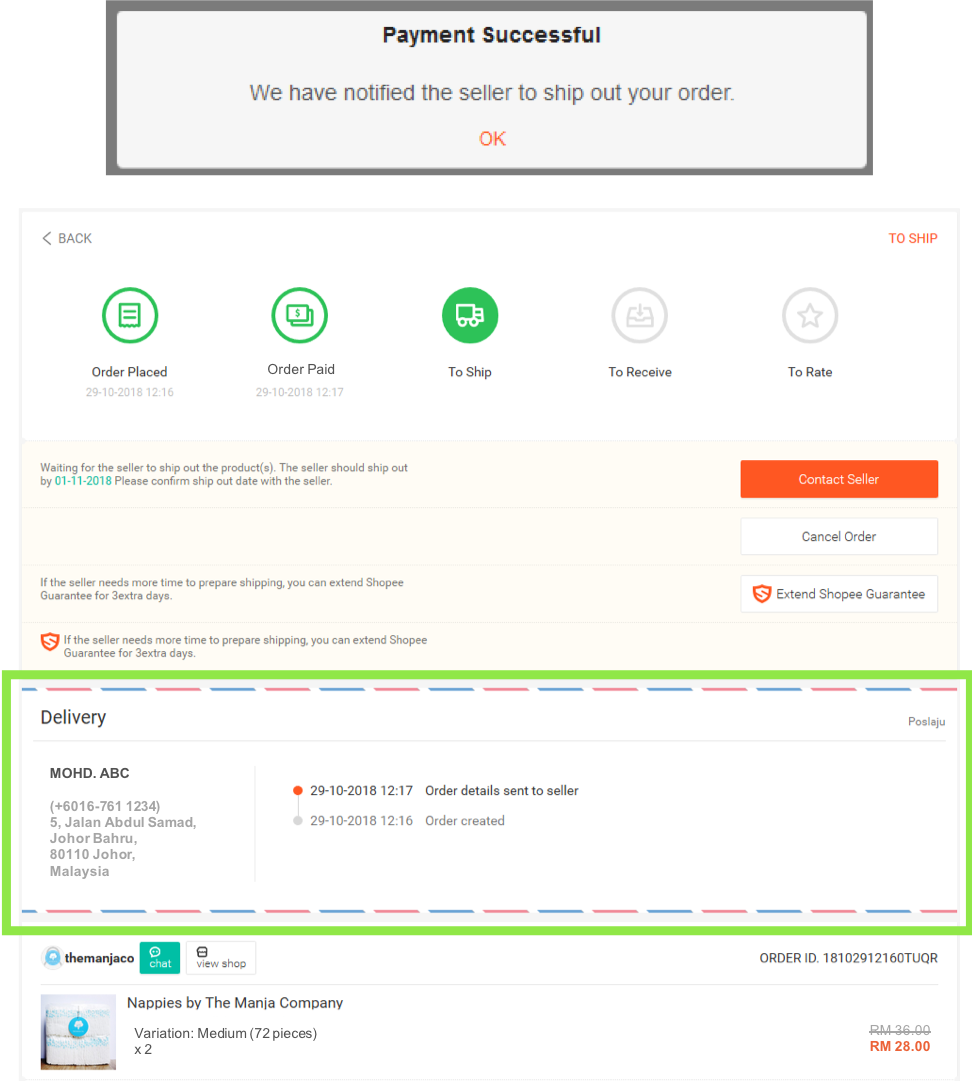 The Manja Company’s delivery order guide for purchasing on The Manja Company’s official Shopee store. Step 6 in the ordering process. Screenshot shows the payment success confirmation, order details, and order tracking status. "Nappies by The Manja Company" is the hot new baby diapers brand in Malaysia.