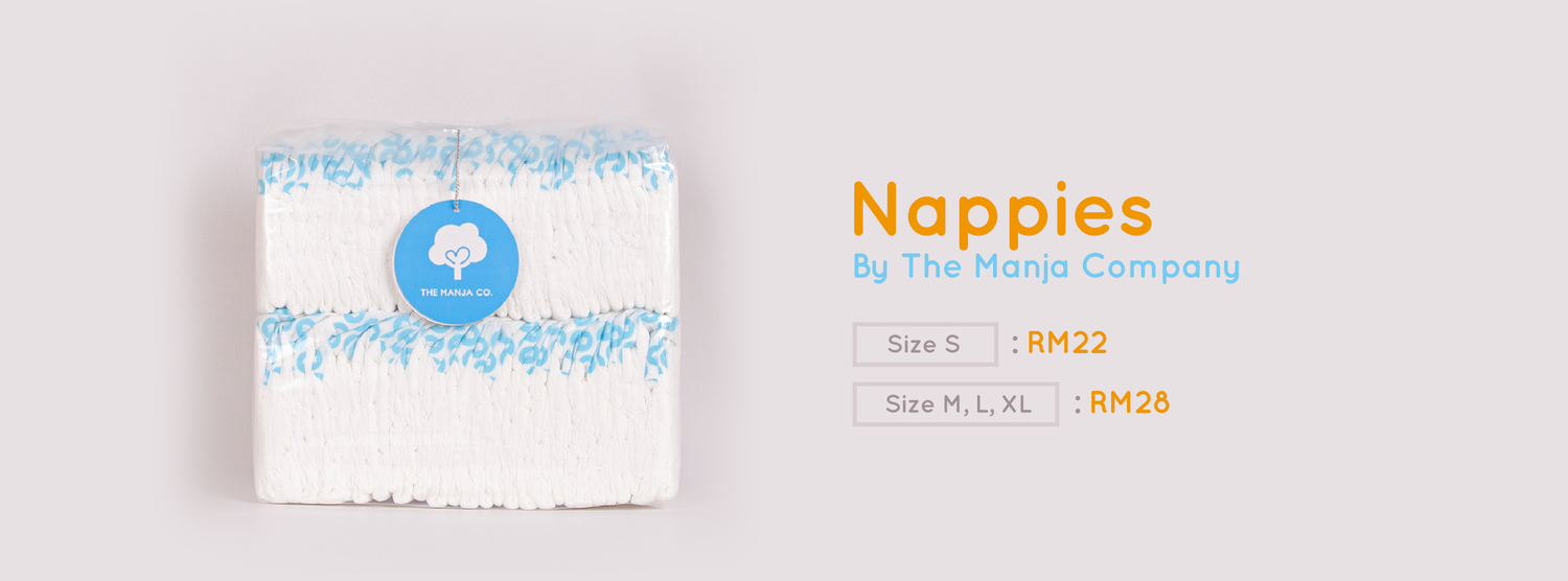 Nappies by The Manja Company. Tape type. Proudly made in Malaysia. Super soft feel, Good absorption, Top quality materials (SAP from top Japanese supplier), Stretchable waistband, Re-attachable hook tape, 100% breathable layers, Side Leakguard. RM22-RM28 per pack.