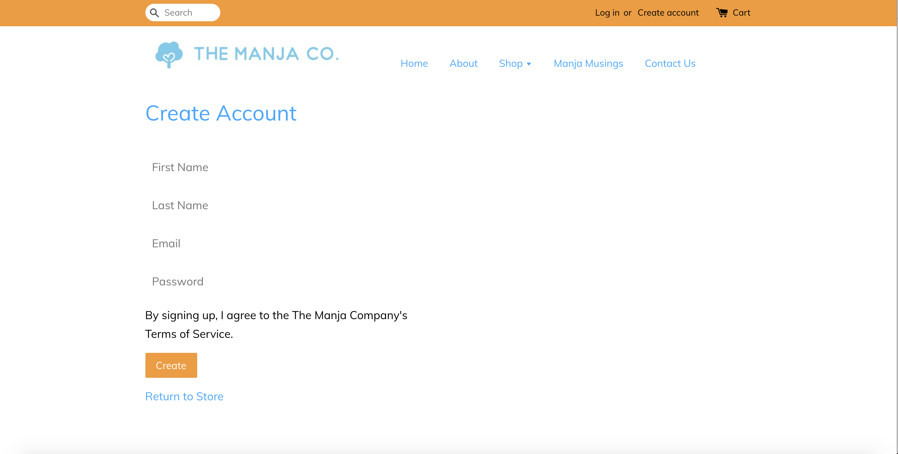 The Manja Company website’s pick up order guide. Step 1 in the ordering process. Screenshot shows how to create / register an account or login. "Nappies by The Manja Company" is the hot new baby diapers brand in Malaysia.