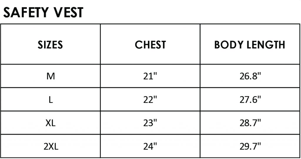 Safety Vest Size Chart