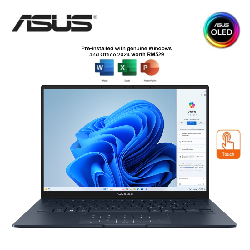 Asus Zenbook 14 UX3405C-AQL248WS 14” WUXGA OLED Laptop Ponder Blue ( CU5-225H, 16GB, 512B SSD, Intel