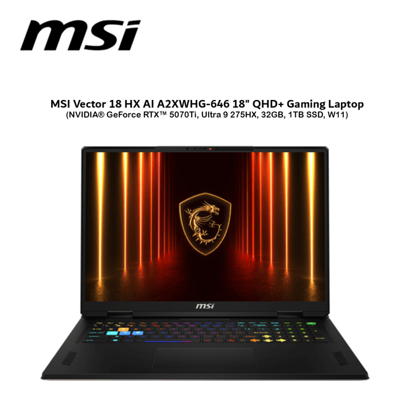 MSI Vector 18 HX AI A2XWHG-646 18" QHD+ Gaming Laptop ( NVIDIA® GeForce RTX™ 5070Ti, Ultra 9 275HX, 