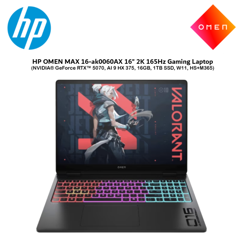 HP OMEN MAX 16-ak0060AX 16" 2K 165Hz Gaming Laptop (NVIDIA® GeForce RTX™ 5070, AI 9 HX 375, 16GB, 1T