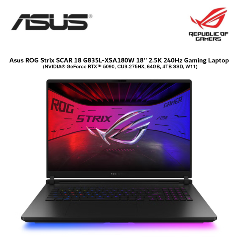 Asus ROG Strix SCAR 18 G835L-XSA180W 18'' 2.5K 240Hz Laptop ( NVIDIA® GeForce RTX™ 5090, CU9-275HX, 