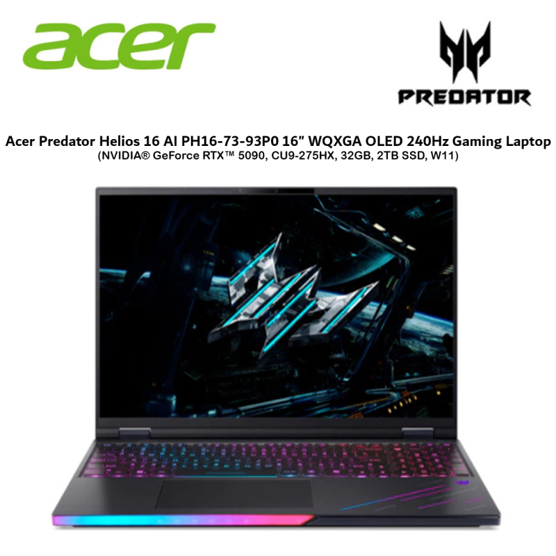 Acer Predator Helios 16 AI PH16-73-93P0 16" WQXGA OLED 240Hz Laptop (NVIDIA® GeForce RTX™ 5090,CU9-2