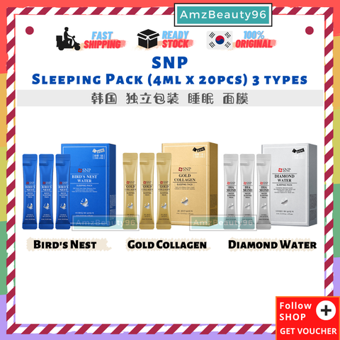 SNP Sleeping Pack (4ml x 20pcs) 3 Types Bird's Nest : Diamond Water :  Gold Collagen .png