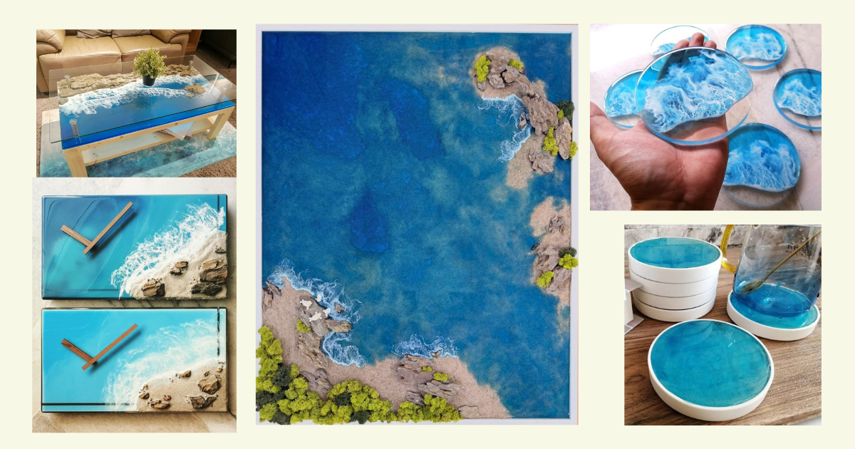 5 images of resin artwork on different medium, including of table,clock,wall art and coaster