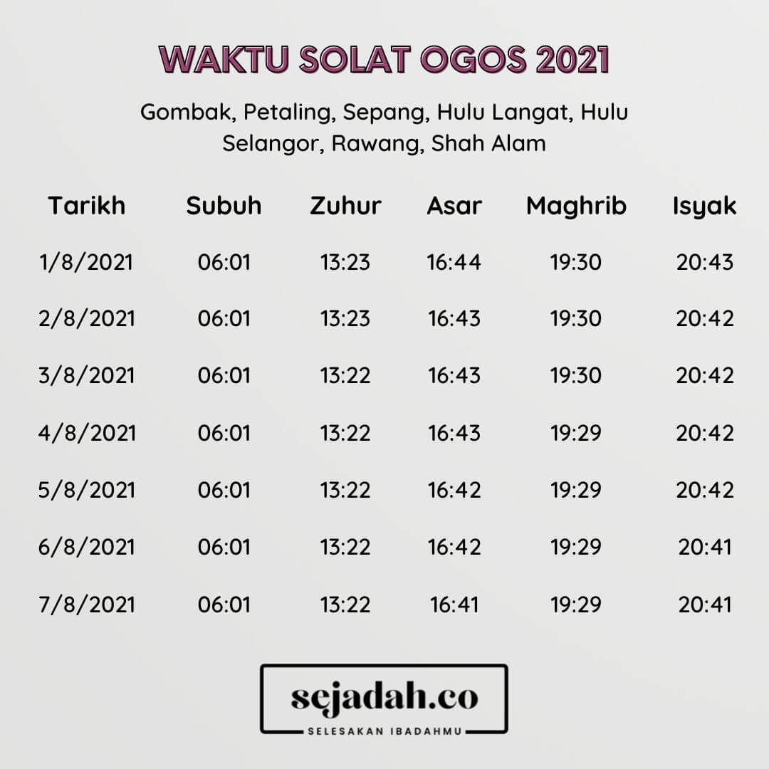 Waktu Solat Selangor Ogos 2021 Gombak, Petaling, Sepang, Hulu Langat