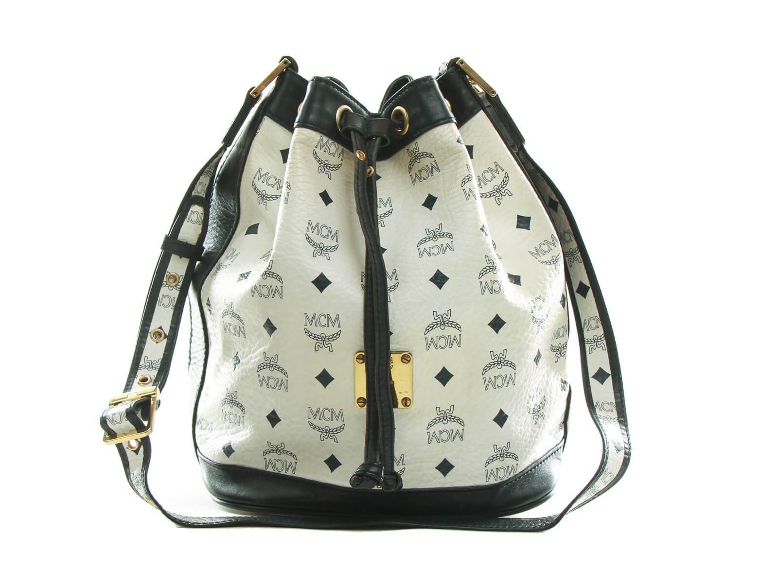 Authentic Mcm Logos Visetos Pattern Navy Blue White Bucket Bag