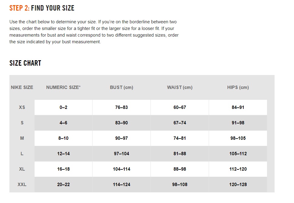 nike womens top size chart