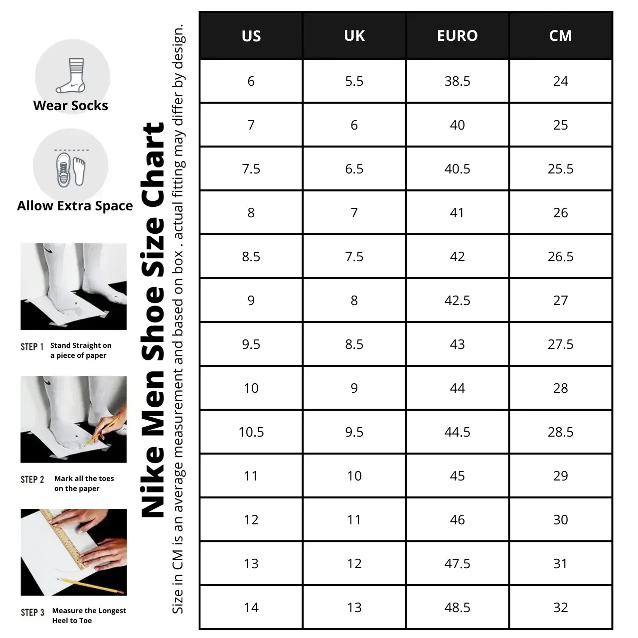 men nike shoe size chart