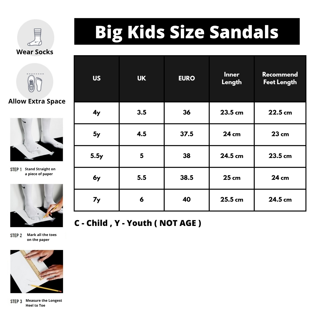 Big Kids Sandal size chart