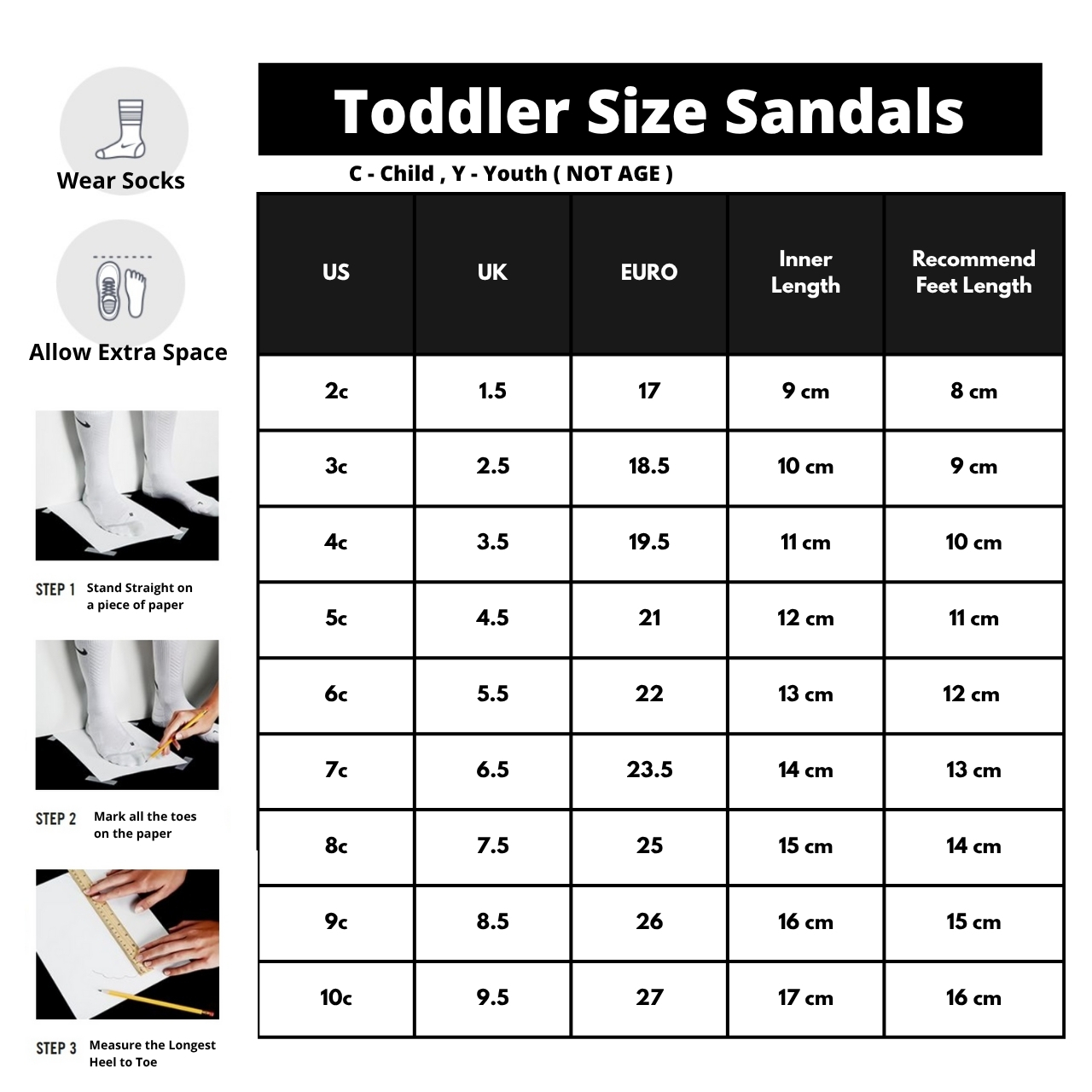 Baby sandal size chart