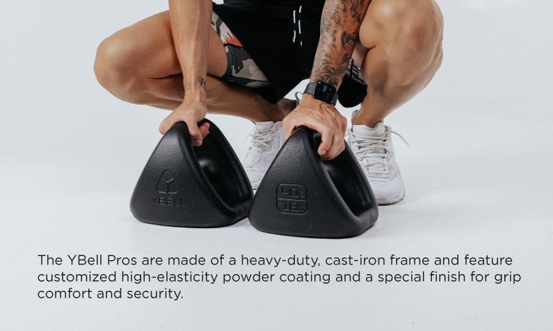 YBell Pro is a 4-in-1 training tool that mimics a dumbbell, kettlebell, push-up stand and double-grip medicine ball