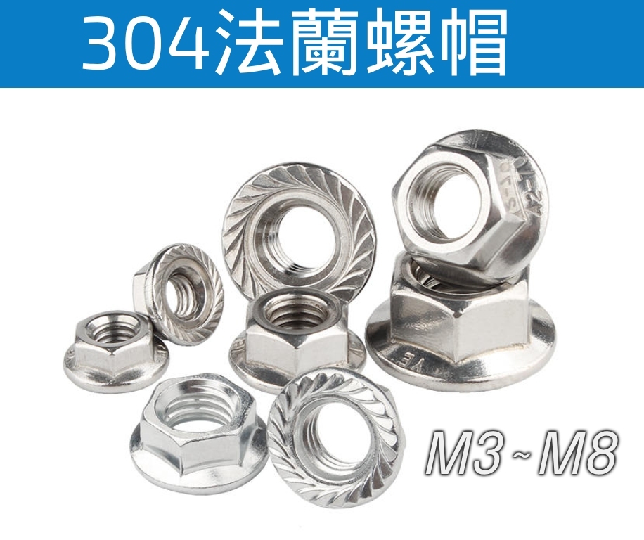 304 不銹鋼法蘭螺帽 六角防滑帶墊 M3~M8 品質優良 10個1包