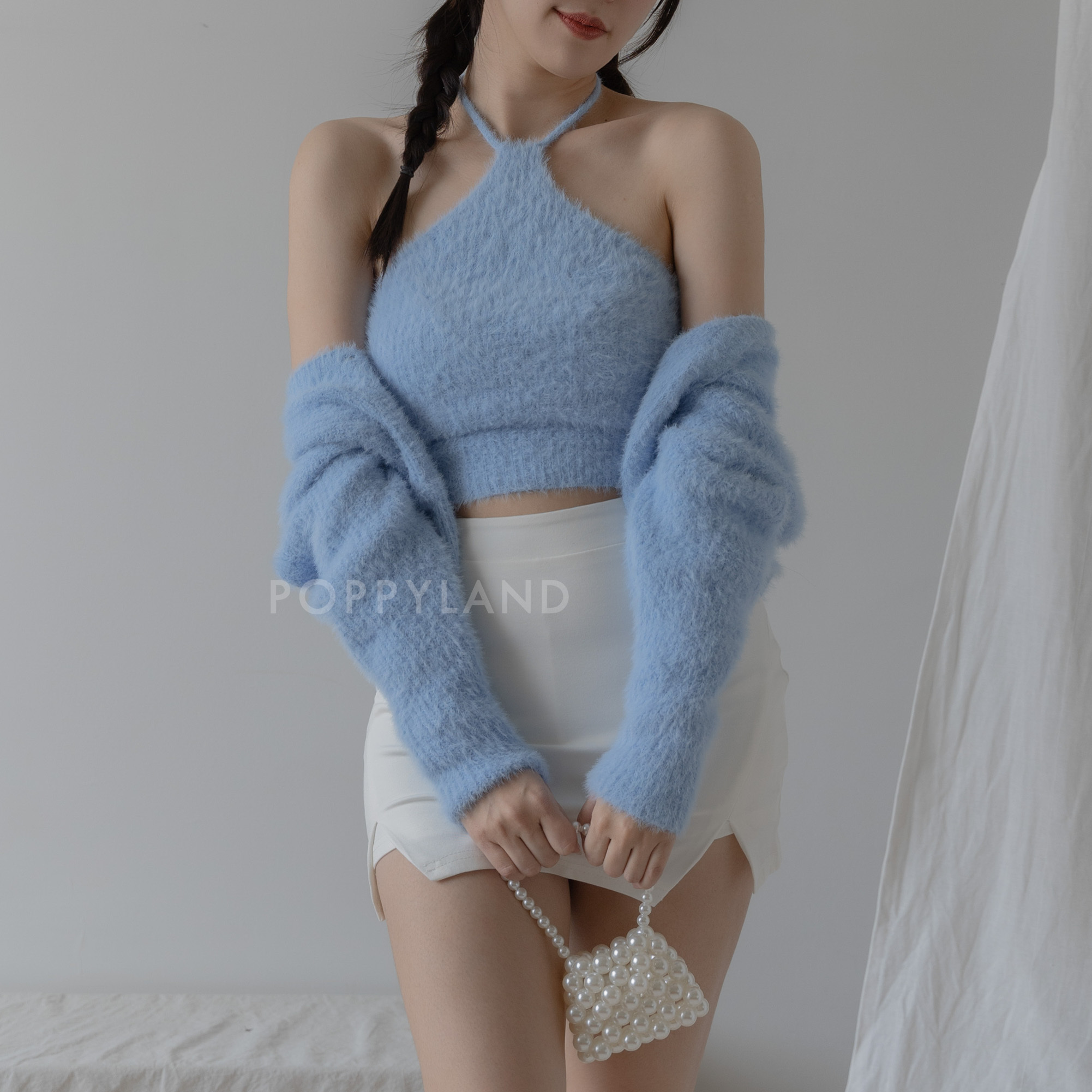 Seroya Cardigan And Halter Knit Top Set Blue – POPPYLAND