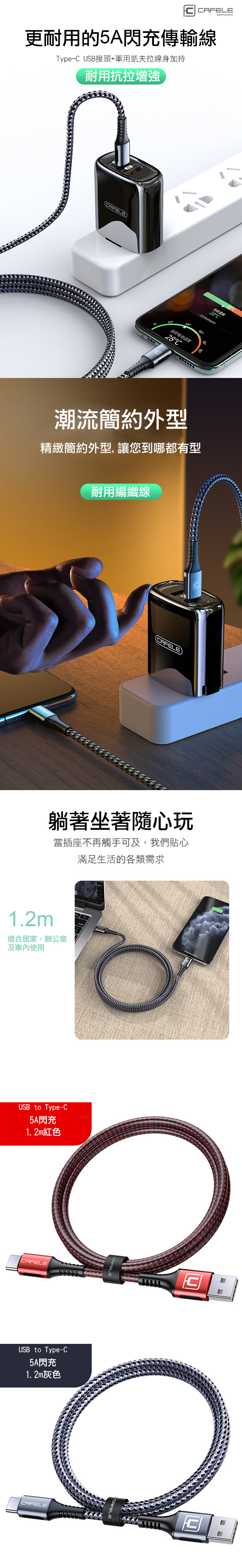 更耐用的5A閃傳輸線Type- USB接頭+軍用凱夫拉線身加持耐用抗拉增強AFELE15当前电池28C当温度28C安全快充中潮流簡約外型精緻簡約外型,讓您到哪都有型耐用編織線CCAFELE躺著坐著隨心玩當插座不再觸手可及,我們貼心滿足生活的各類需求1.2m適合居家,辦公室及車內使用USB to Type-C5A閃充1.2m紅色CAFELEUSB to Type-C5A閃充1.2m灰色CAFELE