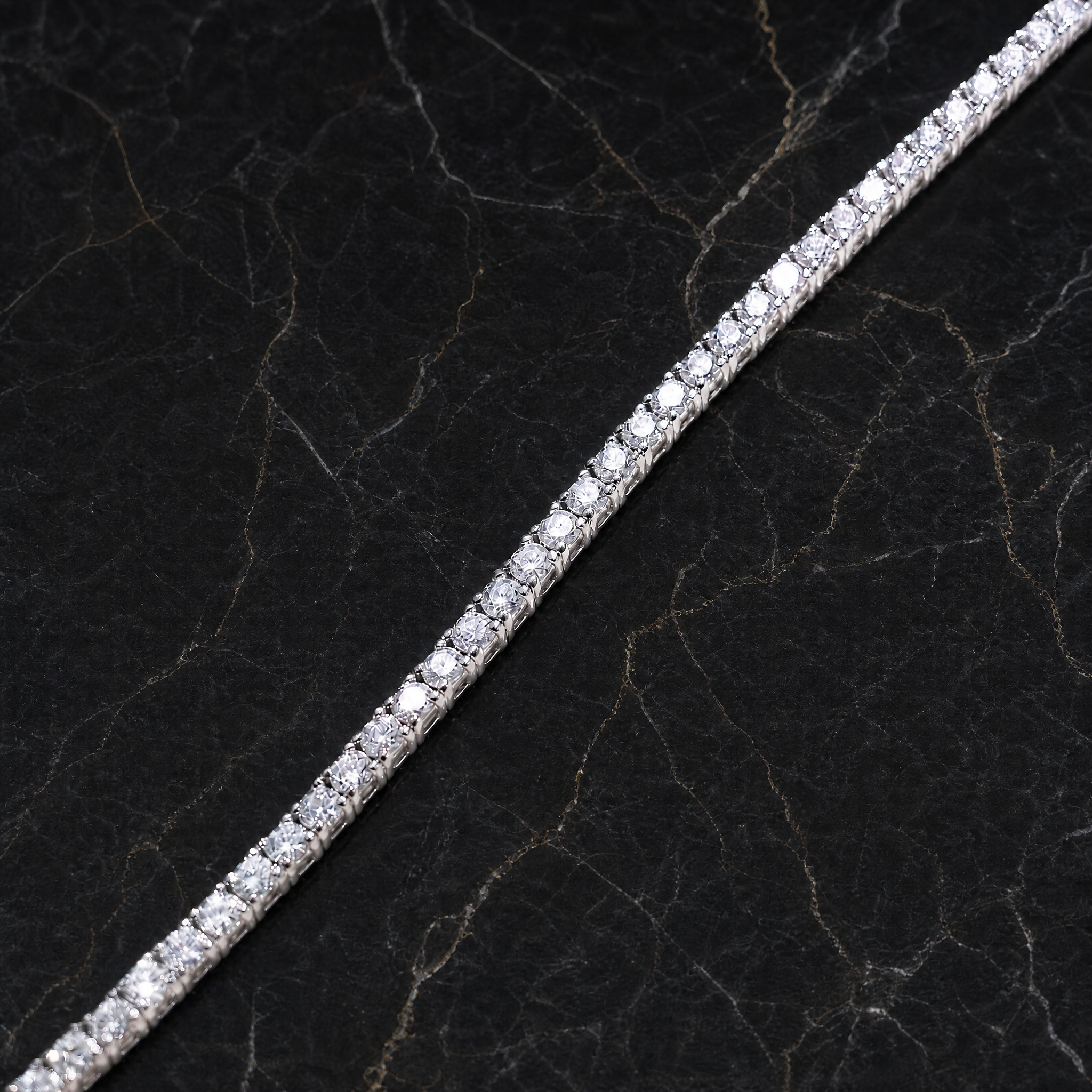 Tennis bracelet showing rhodium finish