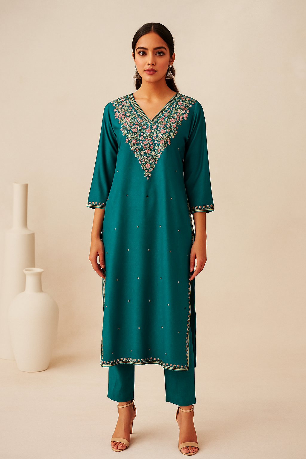 Elegant South Asian Woman in Teal Kurta